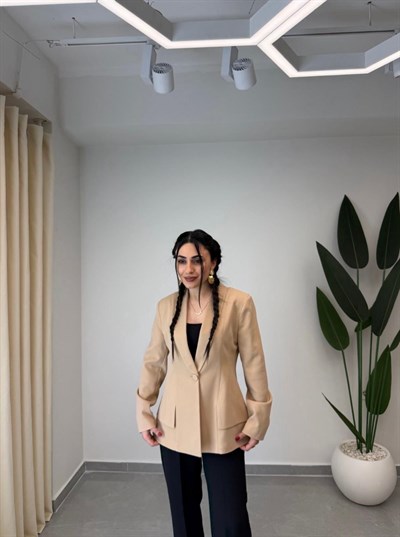 Tek Düğmeli Blazer Ceket Koyu Bej