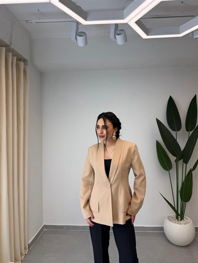 Tek Düğmeli Blazer Ceket Koyu Bej