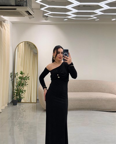 Tek Omuz Tokalı Elbise Siyah