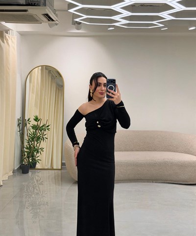 Tek Omuz Tokalı Elbise Siyah