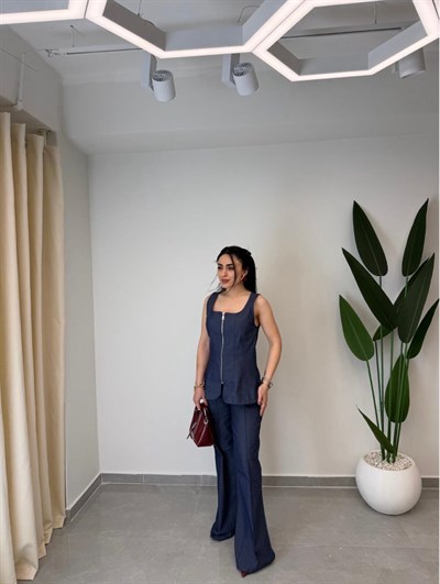 Tensel Denim Yelekli Takım