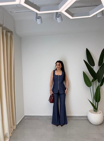 Tensel Denim Yelekli Takım
