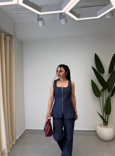 Tensel Denim Yelekli Takım