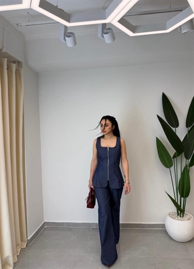 Tensel Denim Yelekli Takım