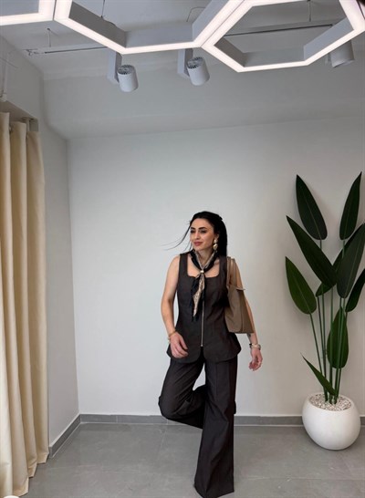 Tensel Denim Yelekli Takım Kahve