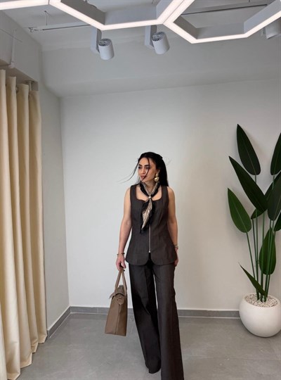 Tensel Denim Yelekli Takım Kahve