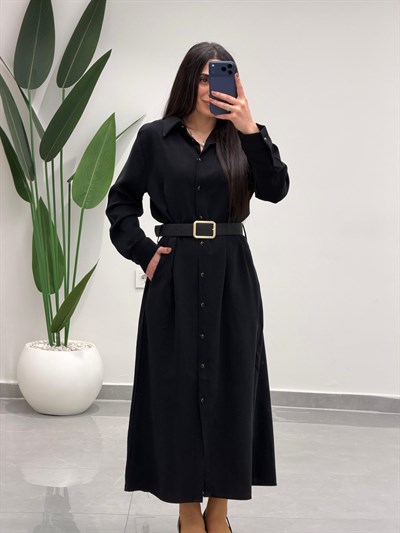 Tensel Kemerli Gömlek Elbise Siyah