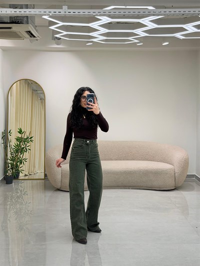 Tint Yeşili Wide Leg Yüksek Bel Jean Pantolon