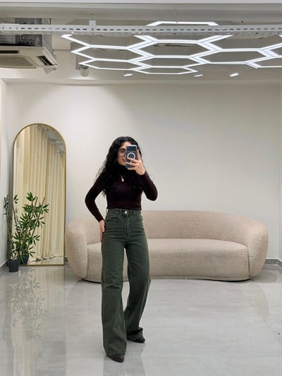 Tint Yeşili Wide Leg Yüksek Bel Jean Pantolon