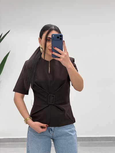 Toka Detay Vatkalı Bluz Kahve