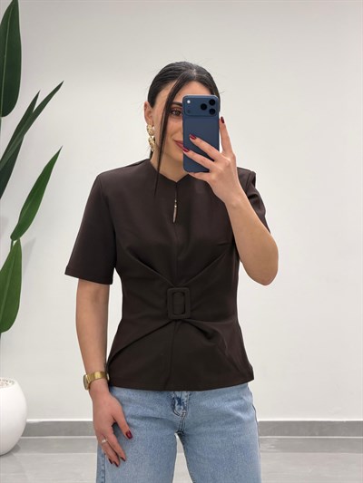 Toka Detay Vatkalı Bluz Kahve