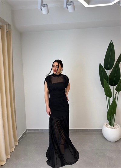 Tül Sandy Drapeli Elbise Siyah