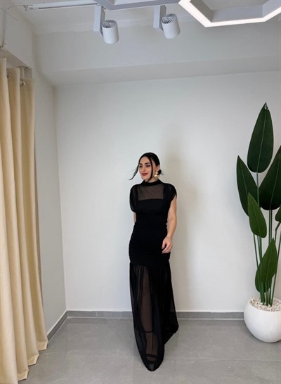 Tül Sandy Drapeli Elbise Siyah