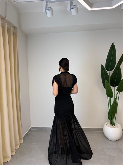 Tül Sandy Drapeli Elbise Siyah