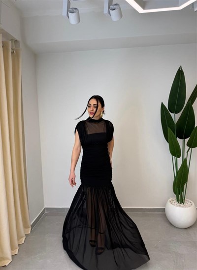 Tül Sandy Drapeli Elbise Siyah