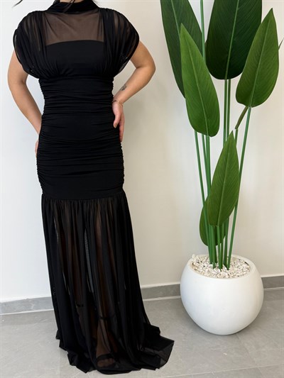 Tül Sandy Drapeli Elbise Siyah