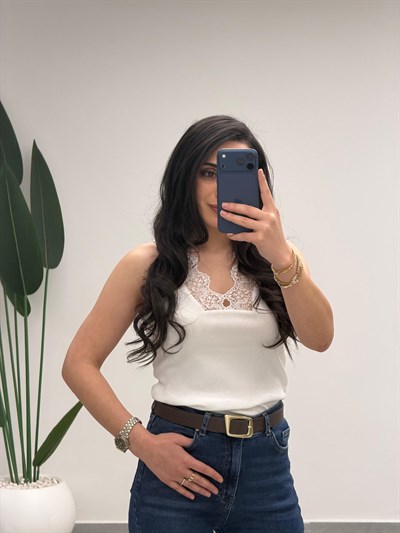 V Dantel Yaka Fitilli Atlet Beyaz