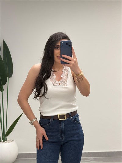 V Dantel Yaka Fitilli Atlet Beyaz