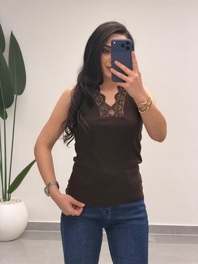 V Dantel Yaka Fitilli Atlet Kahve