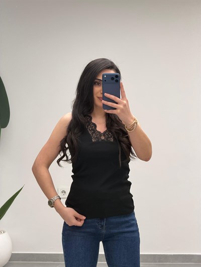 V Dantel Yaka Fitilli Atlet Siyah