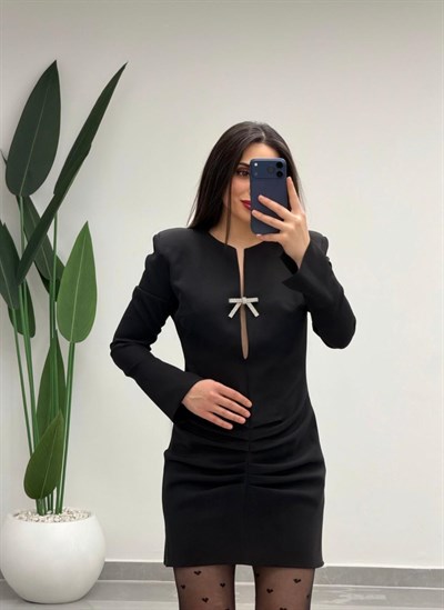 V Yaka Drapeli Fiyonk Detay Elbise Siyah