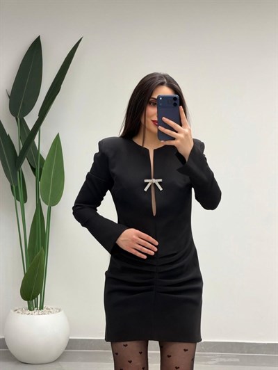 V Yaka Drapeli Fiyonk Detay Elbise Siyah