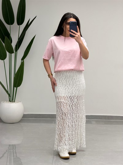 Volanlı Dantel Midi Etek Beyaz