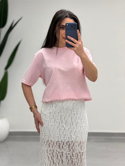 Volanlı Dantel Midi Etek Beyaz