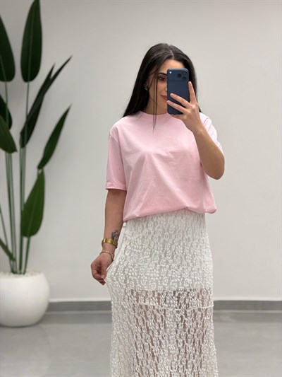 Volanlı Dantel Midi Etek Beyaz