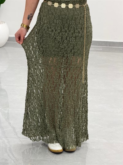 Volanlı Dantel Midi Etek Haki