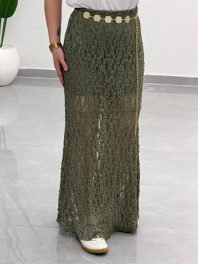 Volanlı Dantel Midi Etek Haki