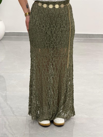 Volanlı Dantel Midi Etek Haki