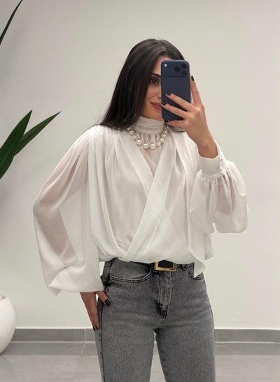 Yaka Bağlamalı Şifon Bluz Beyaz