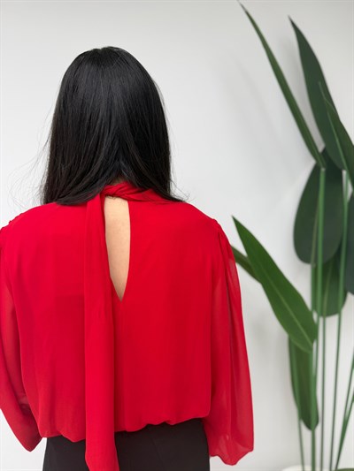 Yaka Bağlamalı Şifon Bluz Kırmızı