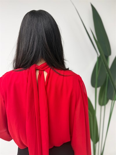 Yaka Bağlamalı Şifon Bluz Kırmızı