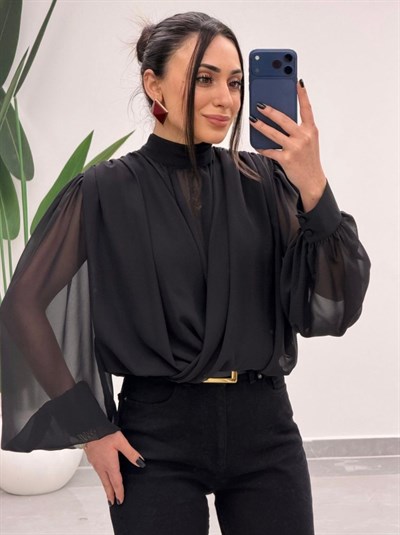 Yaka Bağlamalı Şifon Bluz Siyah
