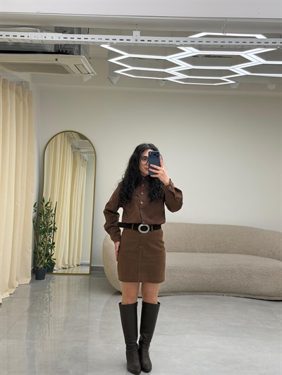 Yaka Düğmeli Denim Elbise Kahverengi