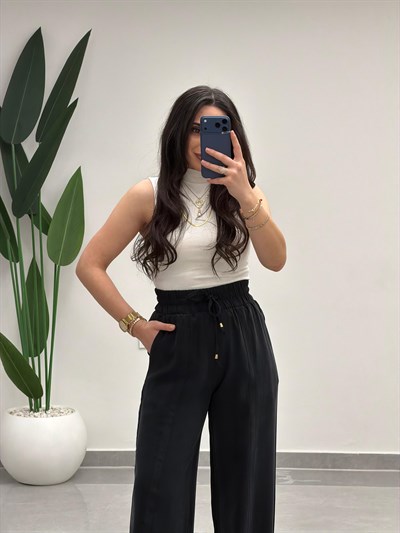 Yüksek Bel Tensel Palazzo Pantolon Siyah