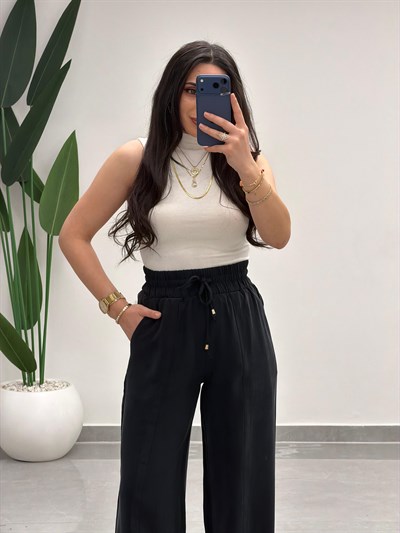 Yüksek Bel Tensel Palazzo Pantolon Siyah