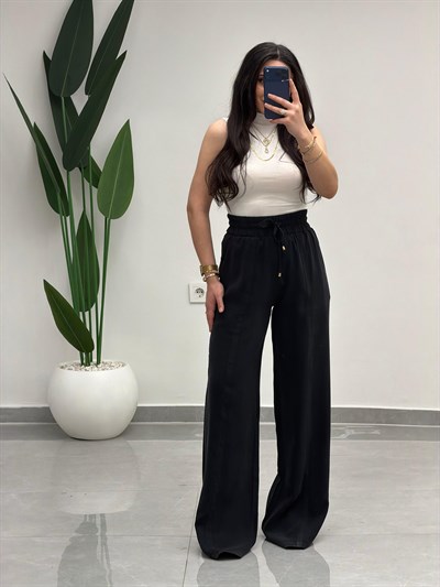 Yüksek Bel Tensel Palazzo Pantolon Siyah