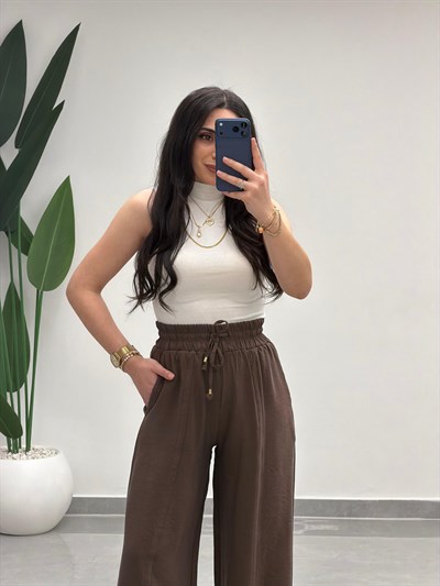 Yüksek Bel Tensel Palazzo Pantolon Kahve