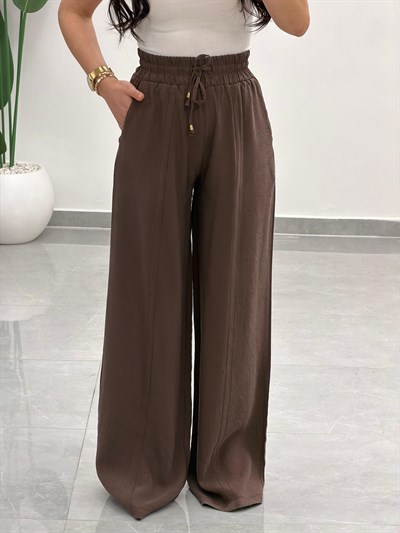 Yüksek Bel Tensel Palazzo Pantolon Kahve