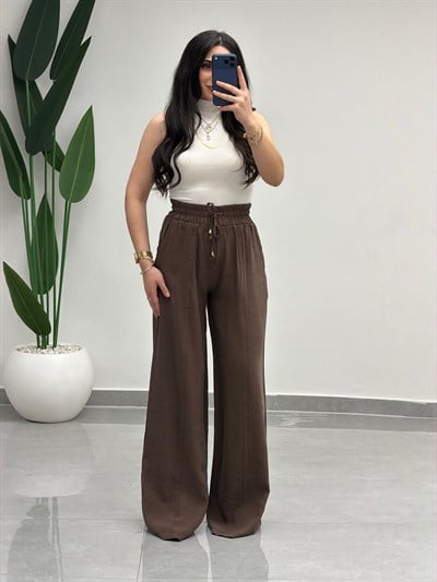 Yüksek Bel Tensel Palazzo Pantolon Kahve