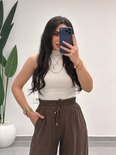Yüksek Bel Tensel Palazzo Pantolon Kahve