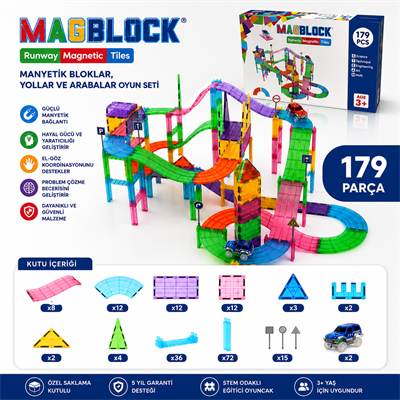MagBlock 179 Parça Manyetik Yollar ve Arabalar Oyun Seti  - Eğitici Oyuncak