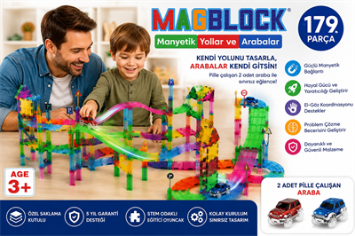MagBlock 179 Parça Manyetik Yollar ve Arabalar Oyun Seti  - Eğitici Oyuncak