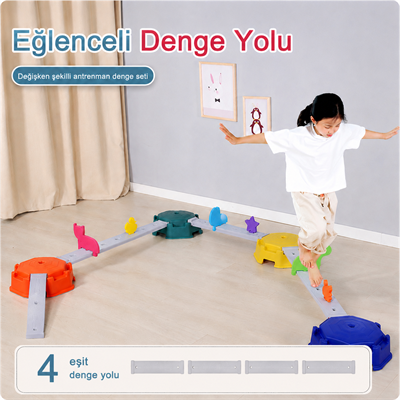 Çocuk Denge Oyunu Seti Montessori Kaydırmaz Denge Yolu ve Platform Oyuncağı - 4 Adet Uzun Denge Yolu