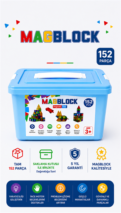 MagBlock 152 Parça Tamamı Mıknatıslı Yapı Blokları - Saklama Kutulu Oyuncak - 5 yıl Garanti - Eğitici Oyuncak