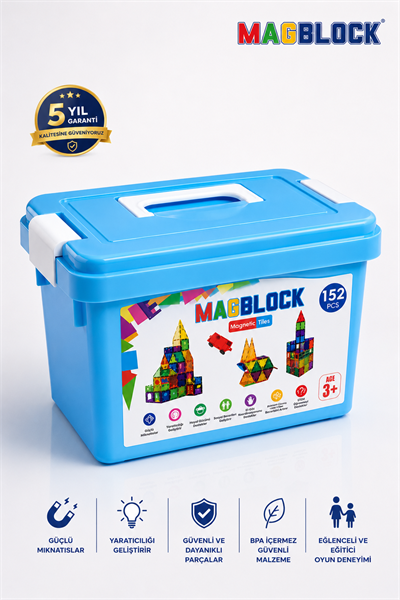MagBlock 152 Parça Tamamı Mıknatıslı Yapı Blokları - Saklama Kutulu Oyuncak - 5 yıl Garanti - Eğitici Oyuncak