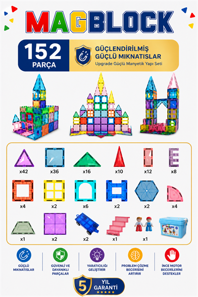 MagBlock 152 Parça Tamamı Mıknatıslı Yapı Blokları - Saklama Kutulu Oyuncak - 5 yıl Garanti - Eğitici Oyuncak